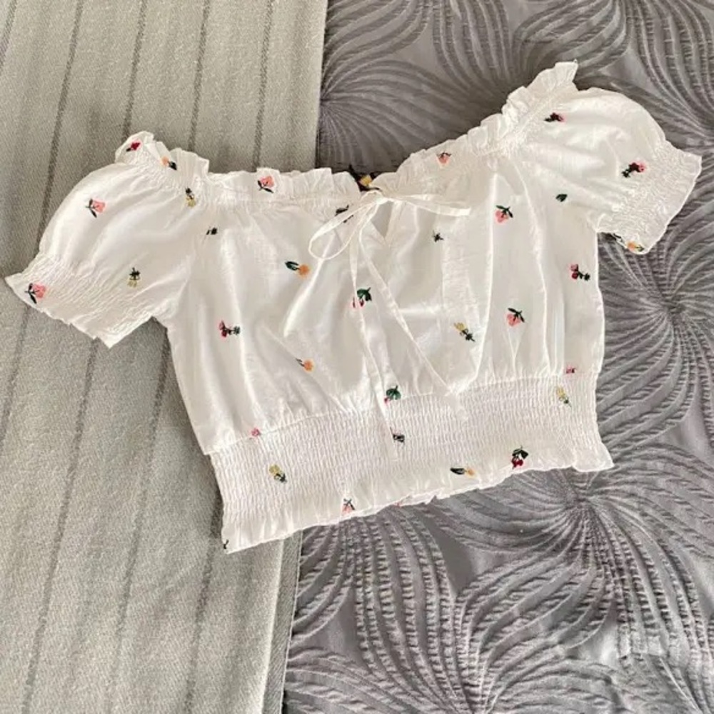 Floral Embroidered White Off-Shoulder Top with Bow